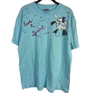 Oneita power t short sleeve shirt sheep worlds birds cotton blue bow XL READ